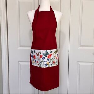 Cypress Home Red Cotton Pocket Apron Floral Butterfly Print on Pocket Adjustable